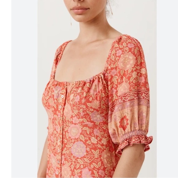 Spell Love Story Boho Printed Midi Dress Puff Sleeves Size M Red - Picture 5 of 10